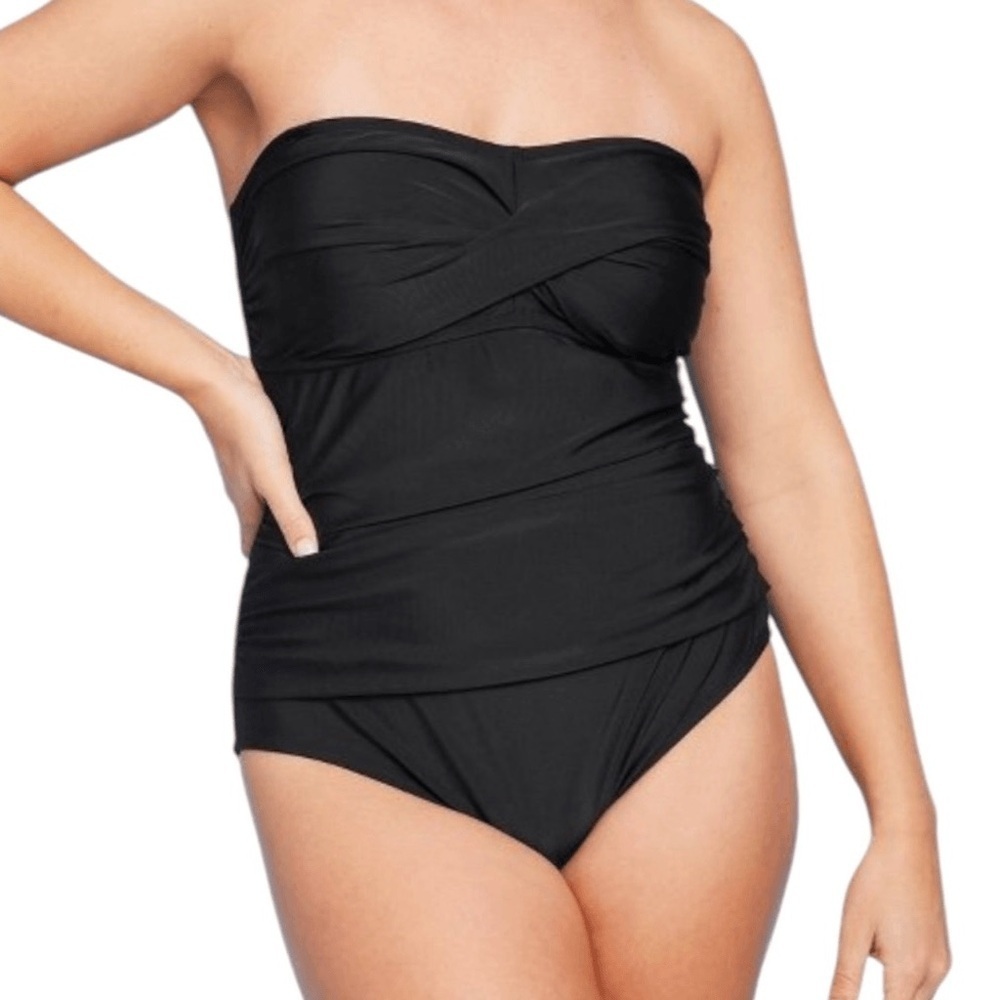 NWOT Kona Sol Black Strapless Ruched Slimming One-Piece Swimsuit lace up back